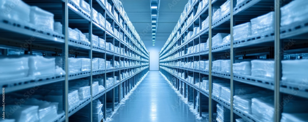 Inside a cold storage warehouse, with rows of frost-covered shelves, symbolizing frozen goods and perishable logistics Inside a cold storage warehouse, with rows of frost-covered shelves, symbolizing frozen goods and perishable logistics