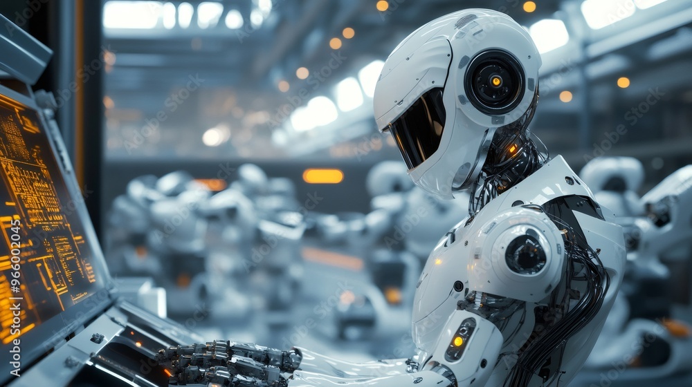 Fototapeta premium A futuristic white robot with a helmet is working at a computer terminal.