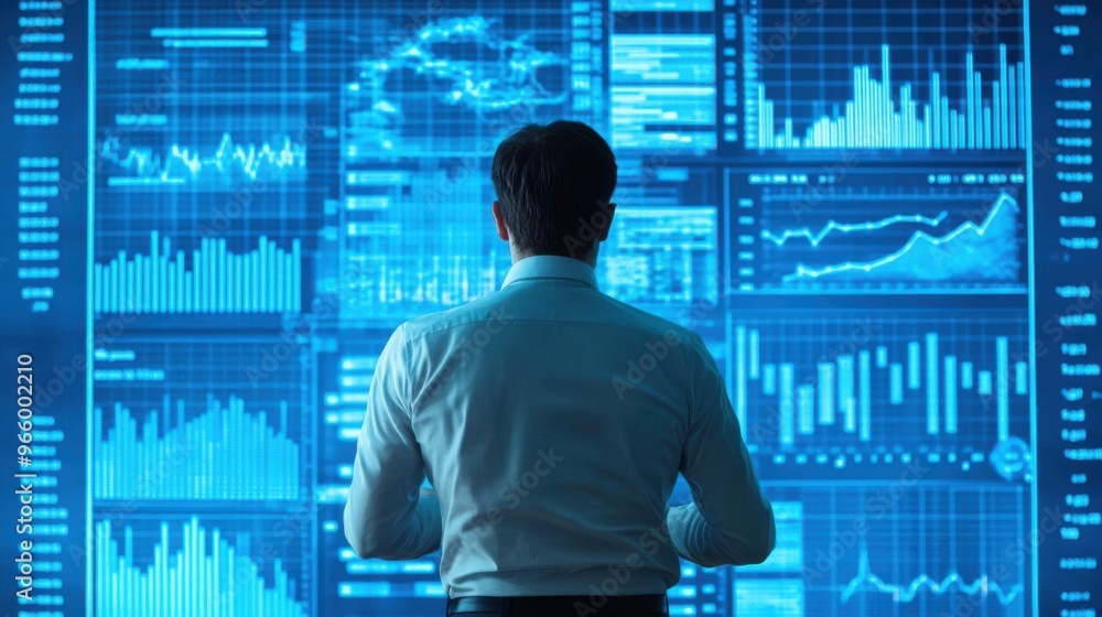 Investor analyzing ROI reports on a digital screen, reviewing Investor analyzing ROI reports on a digital screen, reviewing