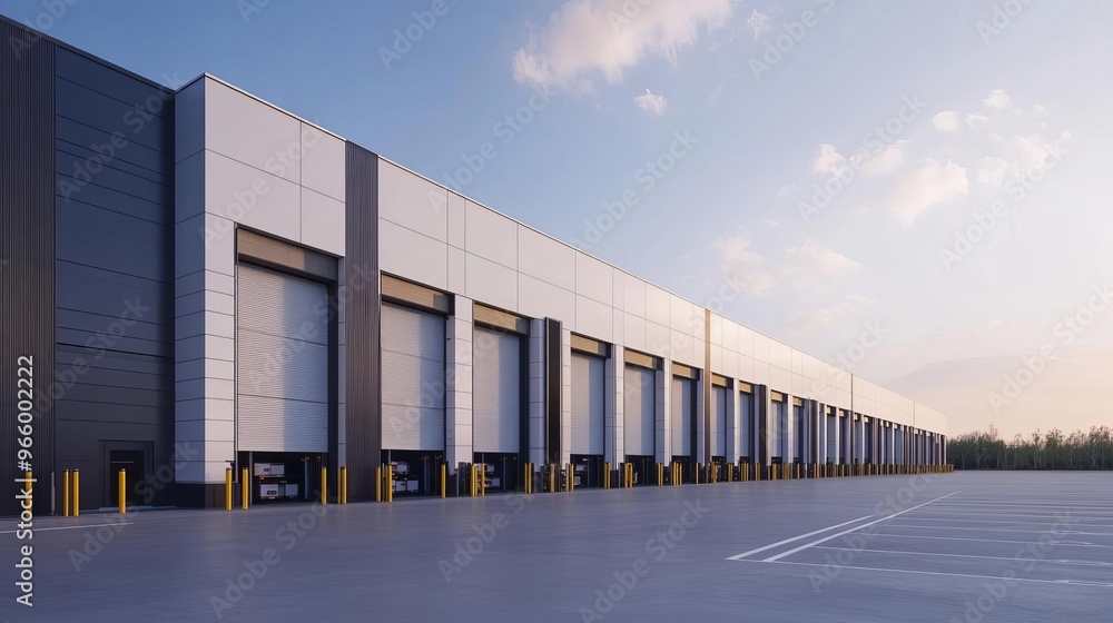 Large exterior shot of a logistics hub with multiple loading bays, symbolizing connectivity and distribution networks Large exterior shot of a logistics hub with multiple loading bays, symbolizing connectivity and distribution networks