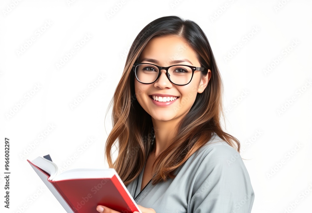 Headshot of a smiling female teacher with glasses holding a book Headshot of a smiling female teacher with glasses holding a book