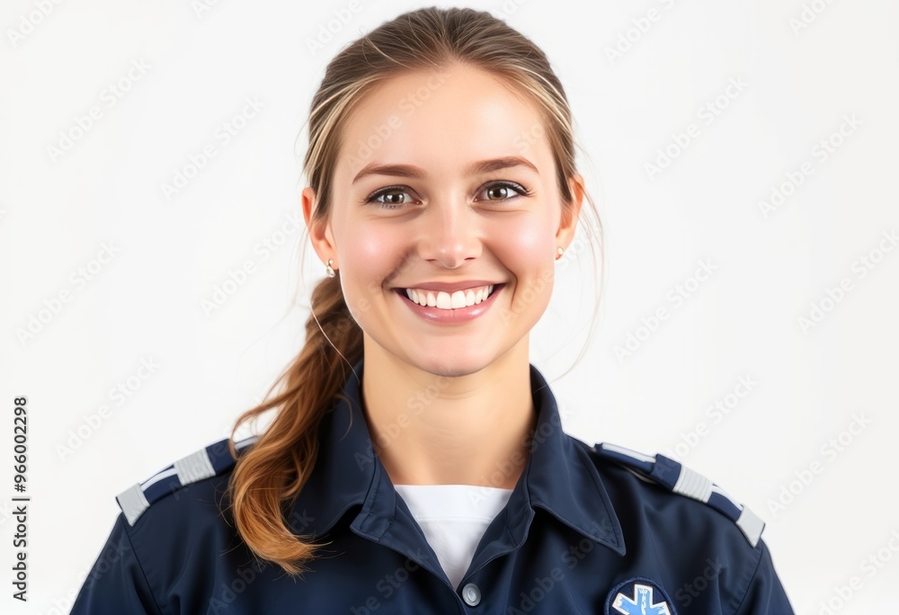 Headshot of a smiling female paramedic in her uniform isolated o Headshot of a smiling female paramedic in her uniform isolated o