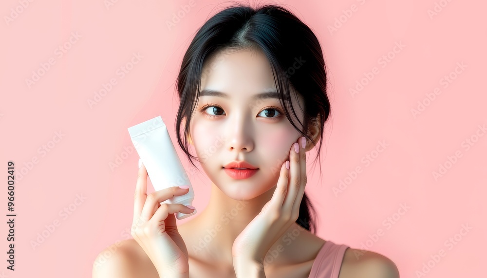A beautiful model gracefully poses with a blank beauty product A beautiful model gracefully poses with a blank beauty product