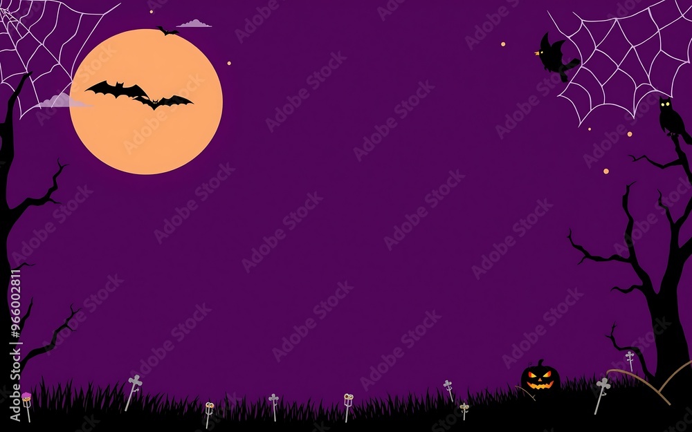 Fototapeta premium Purple night sky, orange moon, black silhouettes, spooky Halloween background for invitations and cards.