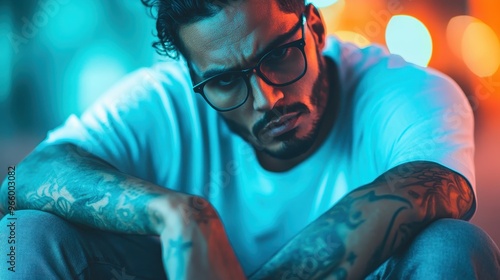 A man with tattoos and glasses sits with a serious expression in a blue and orange illuminated setting, creating a modern, urban aesthetic. photo