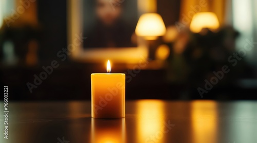 A serene candle glows softly on a table, creating a warm atmosphere in a cozy, dimly lit room with elegant decor.