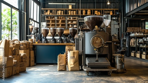 Artisanal Coffee Roastery Interior with a Roasting Machine