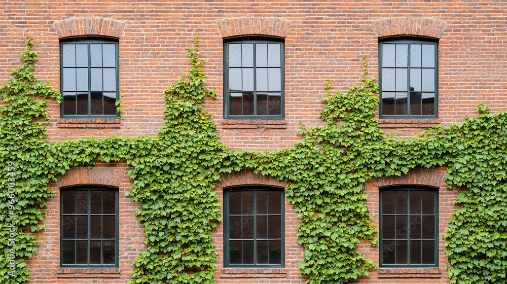 Fototapeta premium Rustic old brick warehouse exterior with ivy-covered walls, blending industrial history with natural growth