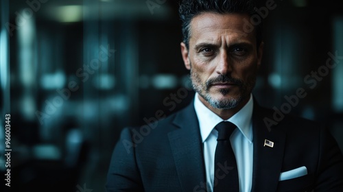 A serious looking man in a dark suit stands in an office-like setting with a U.S. flag pin on his lapel, exuding confidence and authority in his professional role.