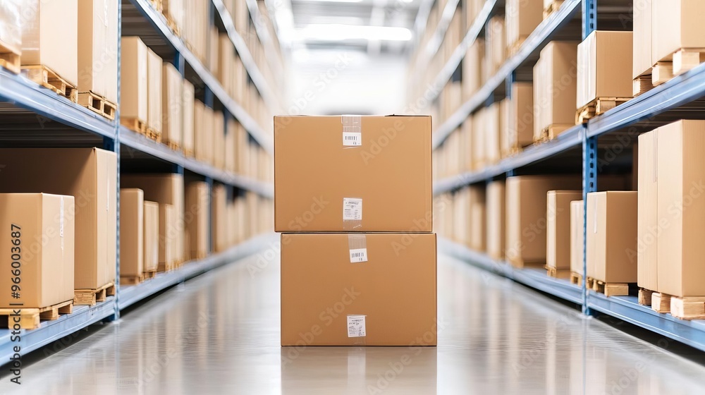 Rows of shelves filled with neatly organized cardboard boxes, efficiency, and order in a storage facility Rows of shelves filled with neatly organized cardboard boxes, efficiency, and order in a storage facility