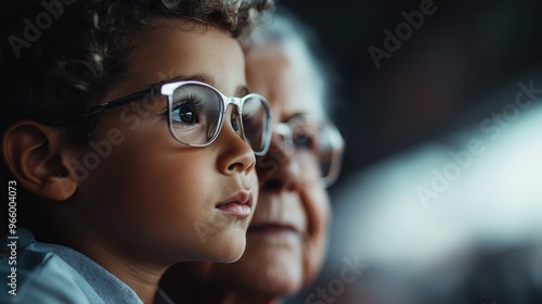 A young child sits closely to an elderly person, highlighting a moment of connection and generational bonding, with a blurred background making the subjects stand out.