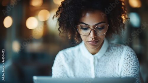 A woman with curly hair and glasses, deep in thought, works on her laptop in a dimly-lit environment, symbolizing serious dedication and immersion in her task. photo