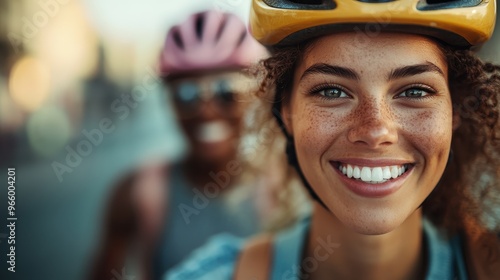 Happy moment captured featuring two women riding bikes, both wearing helmets and smiling, symbolizing active lifestyle and joy found in outdoor activities and exploration.