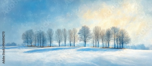 Isolated trees on a flat snow covered field under bright sunlight during winter Enhanced with an oil paint filter