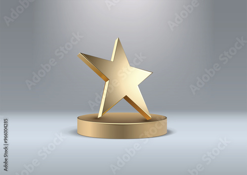 Golden 3d star on a round pedestal. Template for a poster or advertising layout of an award ceremony. Free space for text. Vector illustration
