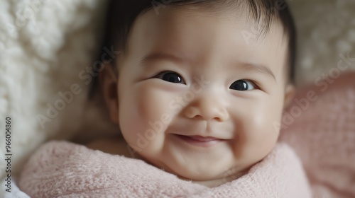 Heartwarming CloseUp of a Smiling East Asian Newborn Baby with a Pink Blanket Perfect for Infant Photography, Family Albums, Baby Product Ads