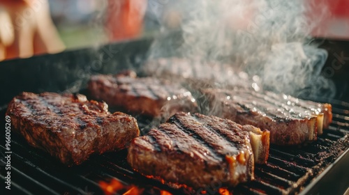 Juicy steaks cooking on a grill, with smoke wafting through the air