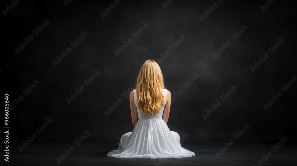Elegant woman in a flowing white dress, golden hair cascading, poised against a stark black backdrop, embodying grace and confidence in a captivating scene. Elegant woman in a flowing white dress, golden hair cascading, poised against a stark black backdrop, embodying grace and confidence in a captivating scene.