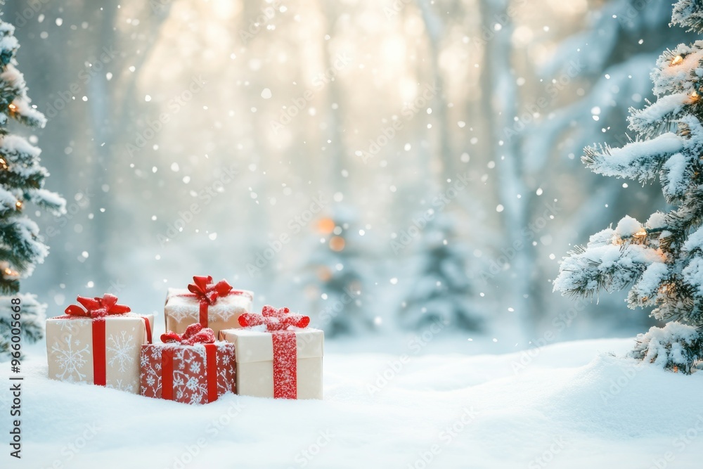 Christmas Presents in Snowy Winter Forest Christmas Presents in Snowy Winter Forest