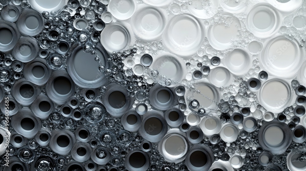 Abstract illustration of bubble stream glyph featuring dark gray and white bicolor flat circles set against a silver background Abstract illustration of bubble stream glyph featuring dark gray and white bicolor flat circles set against a silver background