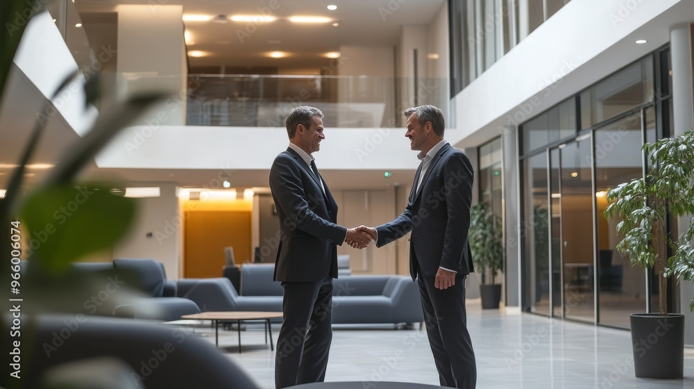Office Interior with Two Business Professionals in Suits Shaking Hands Office Interior with Two Business Professionals in Suits Shaking Hands