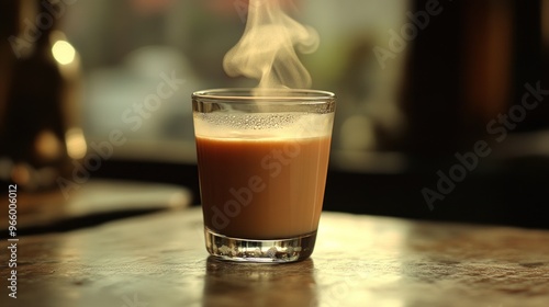 A steaming cup of chai on a wooden table