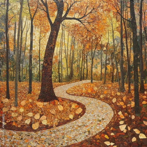 A winding path through a vibrant autumn forest filled with colorful leaves