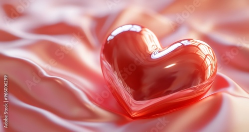 A glossy red heart sits on soft fabric, bathed in warm light in a romantic se...