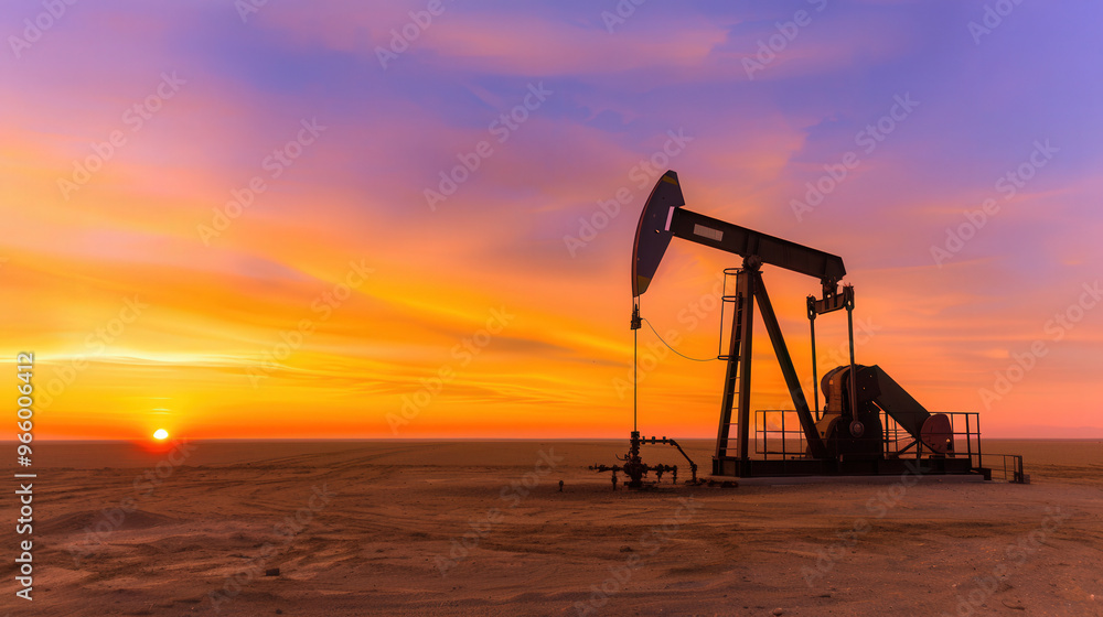 Desert Oil Pumpjack at Twilight, a lone pumpjack silhouetted against a glowing sunset, embodying industrial energy extraction in a serene, vast desert landscape. Desert Oil Pumpjack at Twilight, a lone pumpjack silhouetted against a glowing sunset, embodying industrial energy extraction in a serene, vast desert landscape.