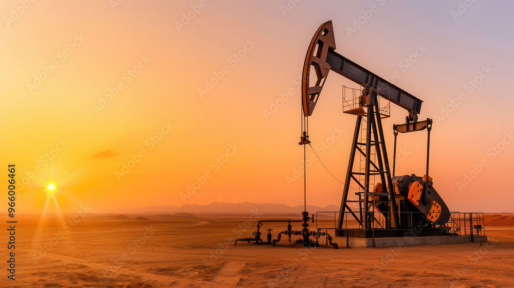 Desert Oil Extraction at Dusk, a massive crude oil pump rig looms against the vibrant sunset sky, symbolizing the relentless pursuit of energy in a harsh landscape. Desert Oil Extraction at Dusk, a massive crude oil pump rig looms against the vibrant sunset sky, symbolizing the relentless pursuit of energy in a harsh landscape.