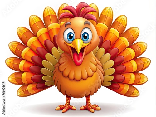 A bright orange and yellow cartoon turkey stands proudly with its feathers fluffed, sporting a big goofy smile and silly eyebrows on a white background.