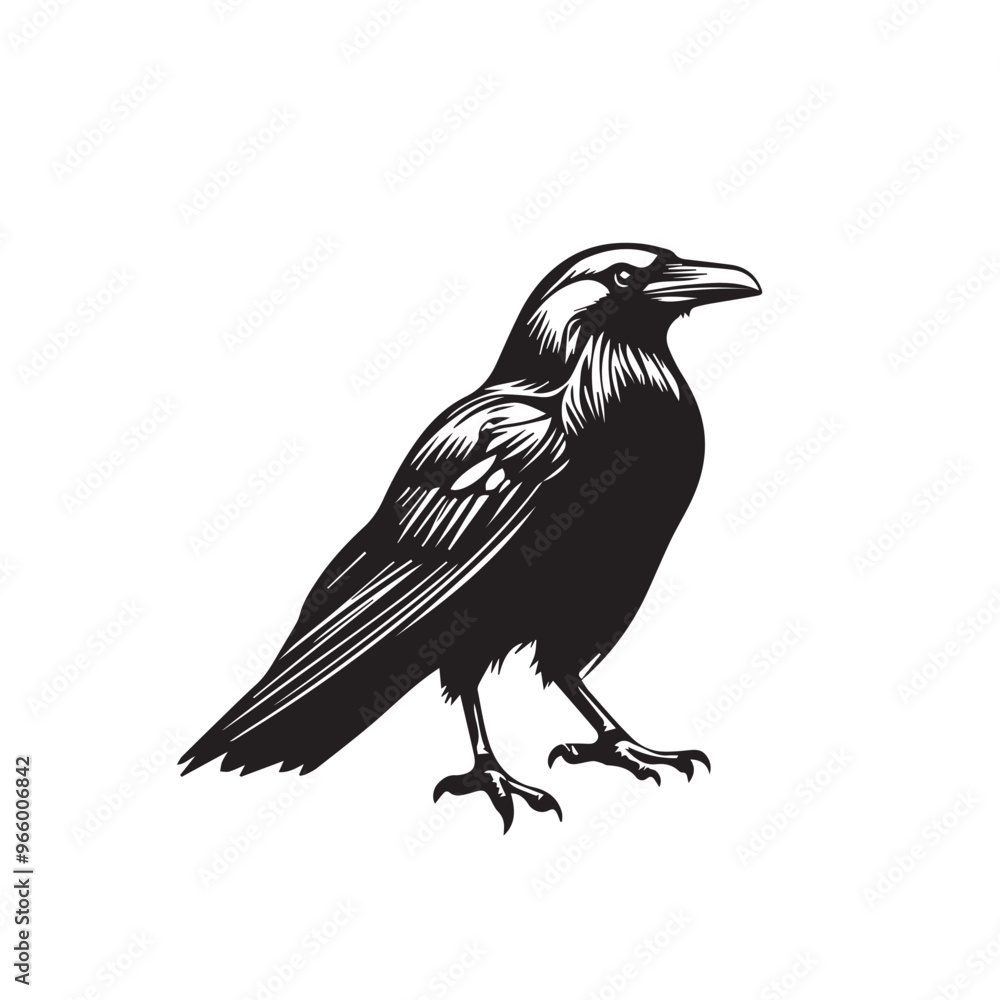 Fototapeta premium Raven in cartoon, doodle style . Image for t-shirt, web, mobile apps and ui. Isolated 2d vector illustration in logo, icon, sketch style, Eps 10, black and white. AI Generative