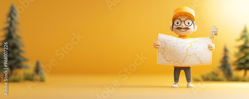 A cheerful explorer holds a map against a bright yellow background, symbolizing adventure and travel. photo