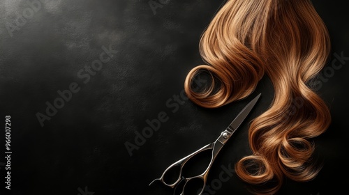 The hairdresser. Scissors and curl of hair on a black background, with copy space