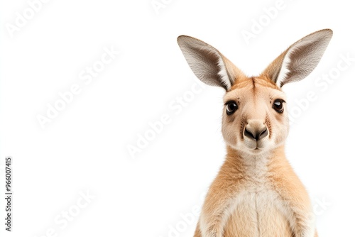 Close-up of a kangaroo showcasing its unique features and expressive eyes against a plain background.