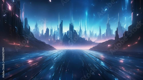Futuristic Cityscape with Neon Lights and Reflective Roadway