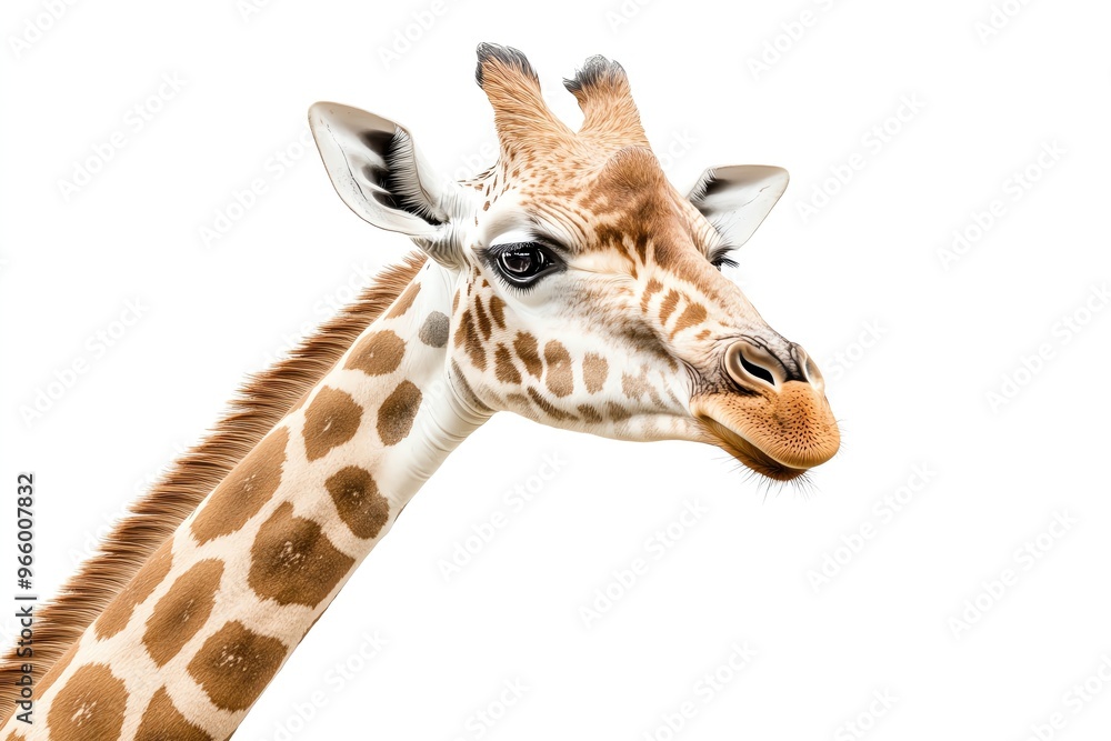 Close-up of a majestic giraffe showcasing its unique patterns and gentle expression against a white background. Close-up of a majestic giraffe showcasing its unique patterns and gentle expression against a white background.