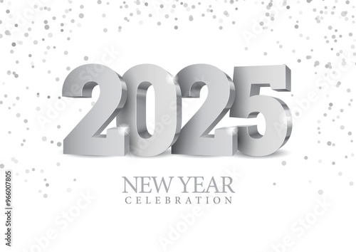 Solver new year wallpaper in with the word new year 2025. Design with Silver color 3D numbers on a white background. New year 2025 celebrations template greeting card or poster. Vector