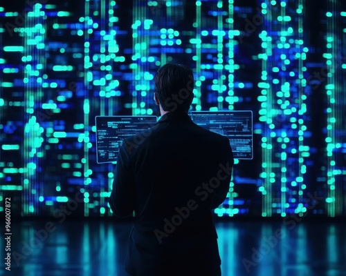 A professional analyzing data with futuristic screens displaying vibrant patterns of technology and information in the background.