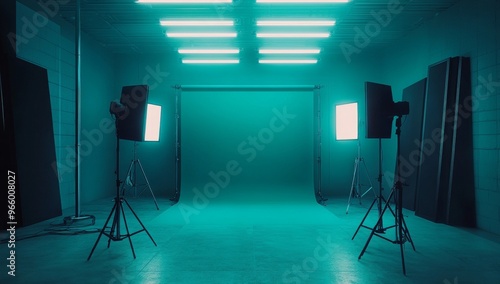 Illuminated studio environment with bright lights creating a foggy atmosphere...