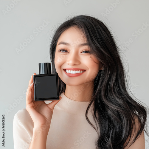 A smiling Asian woman holding a square black empty perfume bottle in her hand, mockup, Ai generated images