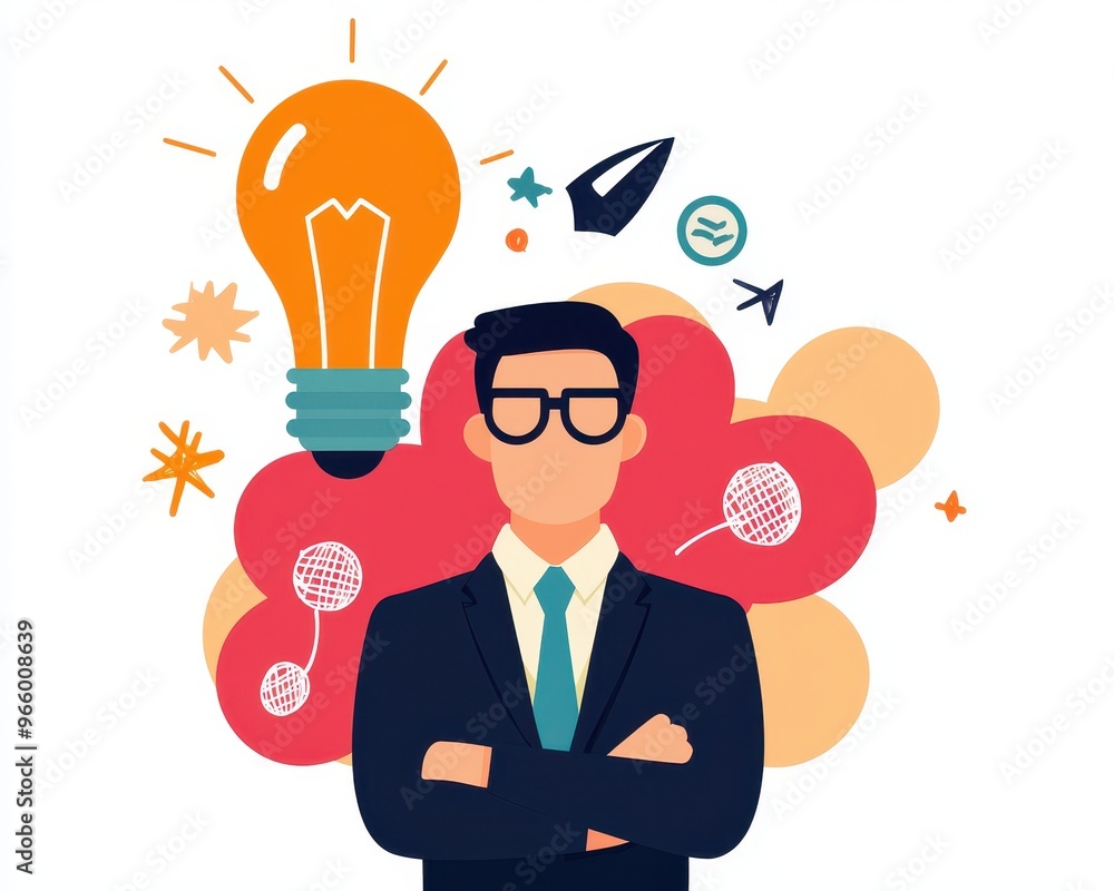A confident businessman stands against a backdrop of creative icons, symbolizing innovation and problem-solving in the workplace. A confident businessman stands against a backdrop of creative icons, symbolizing innovation and problem-solving in the workplace.