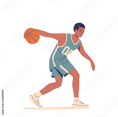 Basketball Player Showcasing Dynamic Movement And Skill In Sporting Pose. Player Is Wearing A Jersey And Sneakers