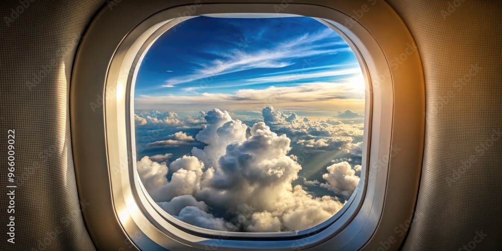 A Close-Up Of A Passenger Airplane Window Offering A Clear View Of The Sky And Clouds Outside A Close-Up Of A Passenger Airplane Window Offering A Clear View Of The Sky And Clouds Outside