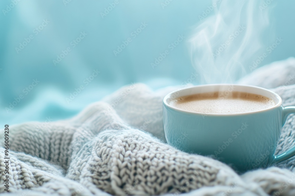 Steaming Cup of Coffee on a Knitted Blanket Steaming Cup of Coffee on a Knitted Blanket