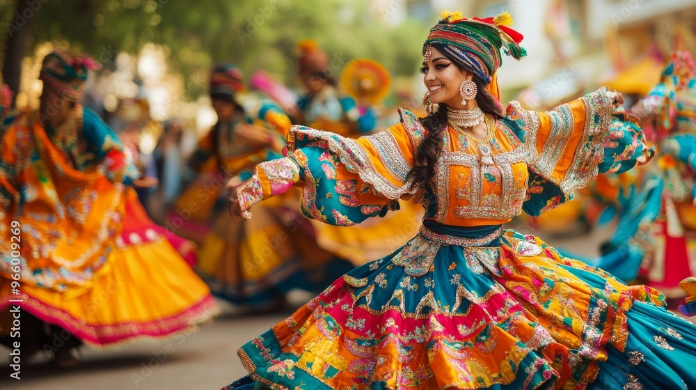 Naklejka premium Outdoor Festival Scene with Traditional Dancers Performing in Vibrant Costumes