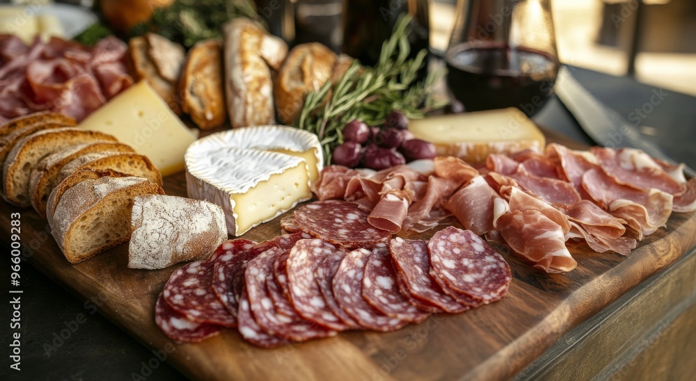 A well-arranged charcuterie board featuring assorted meats and cheeses on a wooden platter A well-arranged charcuterie board featuring assorted meats and cheeses on a wooden platter