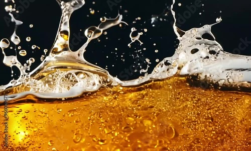 Golden beer liquid splash with bubbles in motion