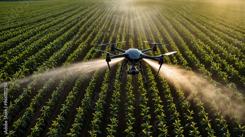 Agricultural drone sprays pesticides over a farm field of crops