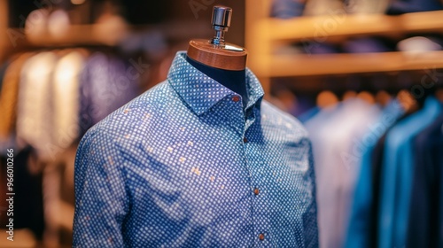 Trendy cotton Men shirt display on mannequin in clothes shop. Summer collection fashion product samples in clothing store for selling, with copy space